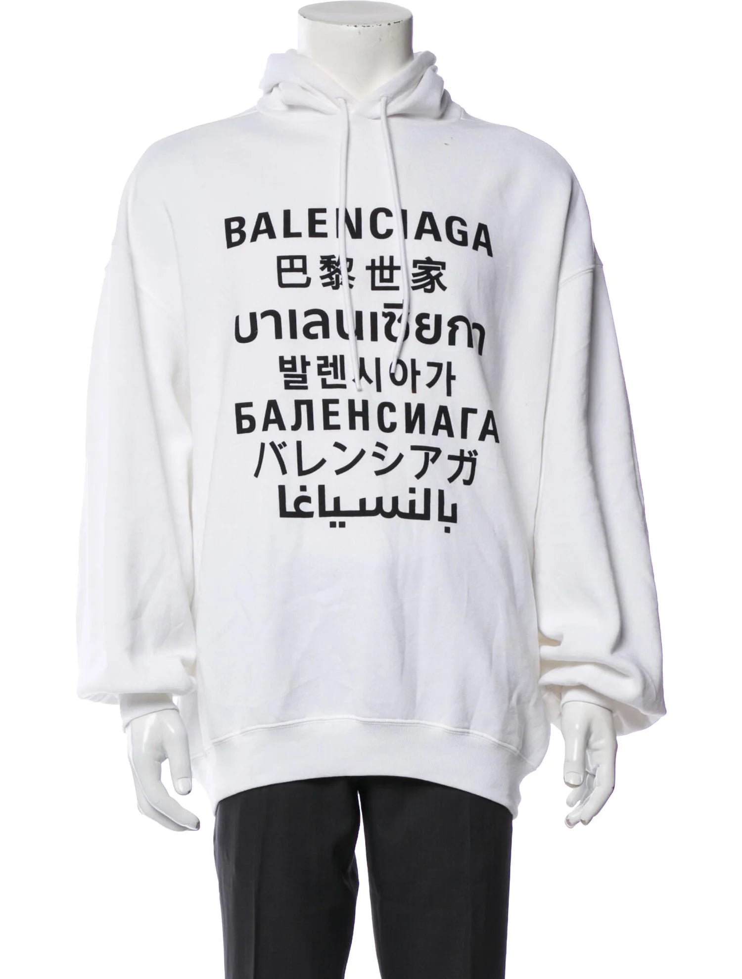 White hoodie with Balenciaga branding and text on a mannequin against a white background