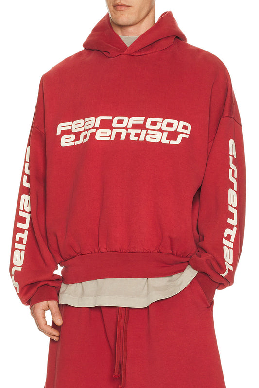 Fear of God Essentials Heavy Fleece 90s Hoodie 'Crimson Red' - Hypepieces
