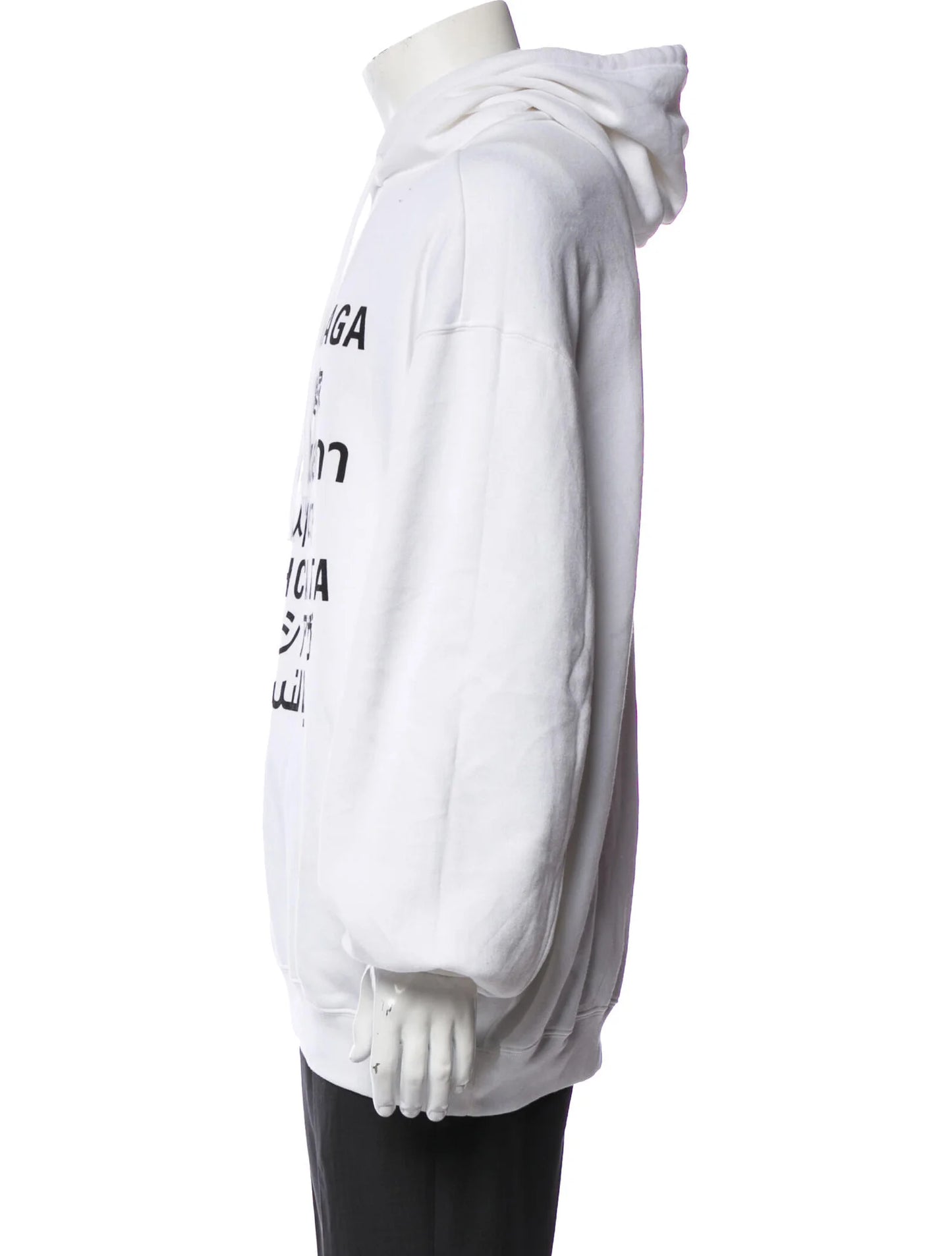 White hoodie with text on a mannequin against a white background