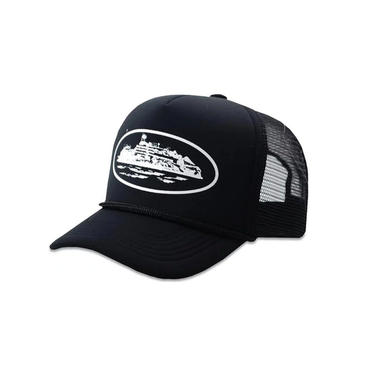 Corteiz White On Black Trucker Hat